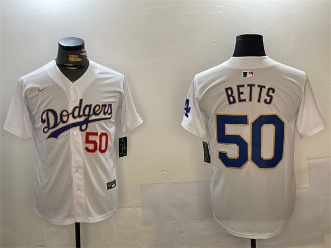 Men's Los Angeles Dodgers #50 Mookie Betts White Gold Home Limited Stitched Baseball Jersey Men's Los Angeles Dodgers #50 Mookie Betts White Gold Home Limited Stitched Baseball Jersey